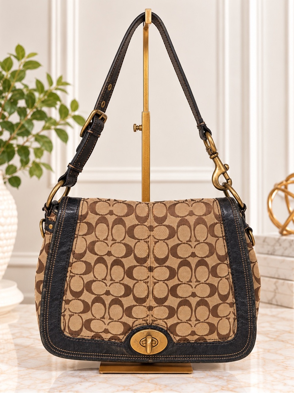 Coach legacy stripe Tan & Brown Signature Canvas Turnlock Shoulder Bag